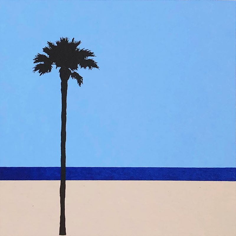 An abstracted view of a beach with a palm tree, in a minimalist style with block colours of blues, pink and black