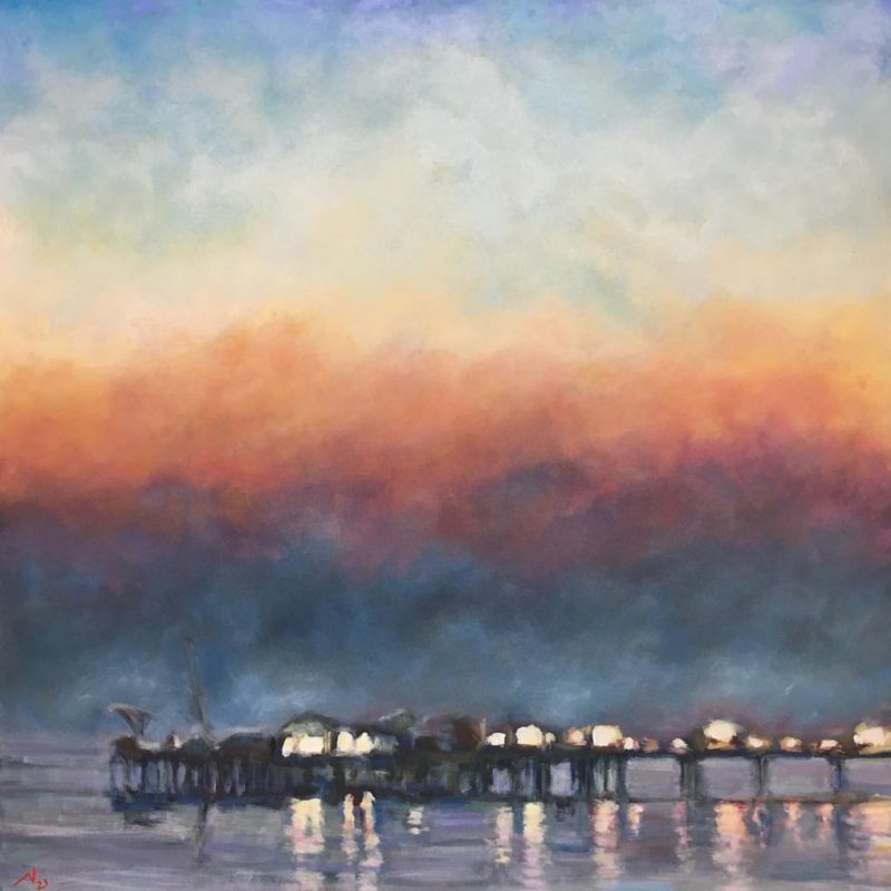 The painting is primarily composed of graded colours of a rainbow sunset sky. Lying across the very bottom of the painting is a silhoutette of Brighton's Palace Piers, with the glow from the evening lights reflecting softly on the water below