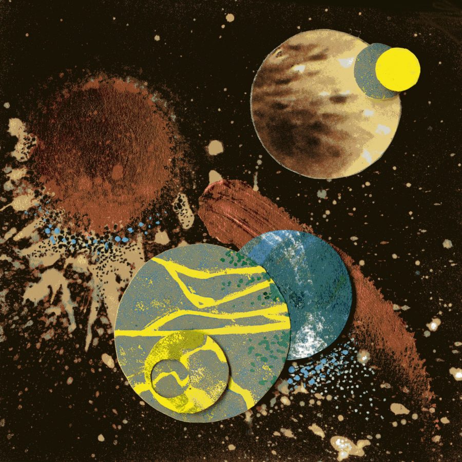 Planets and stars on black, collage and mixed media.