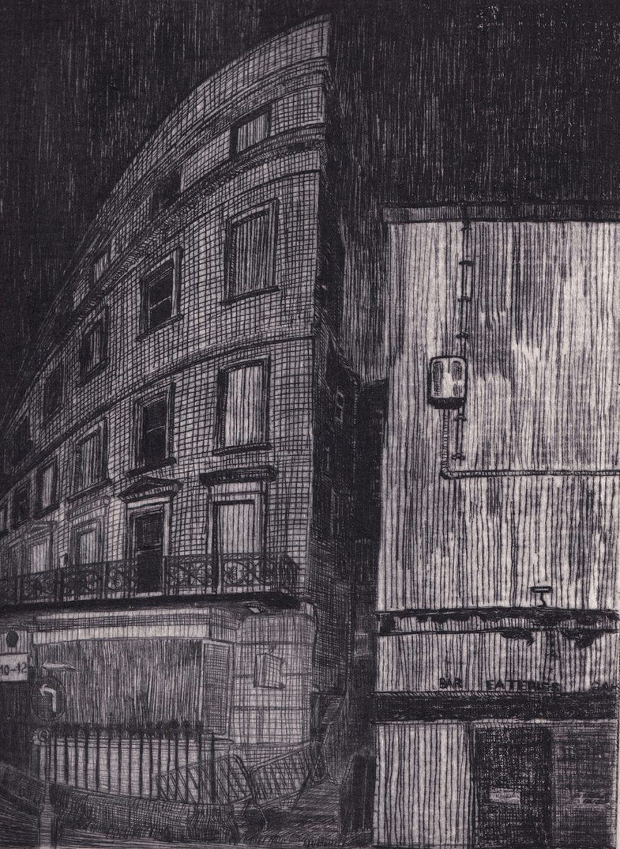 Black & White etching of buildings