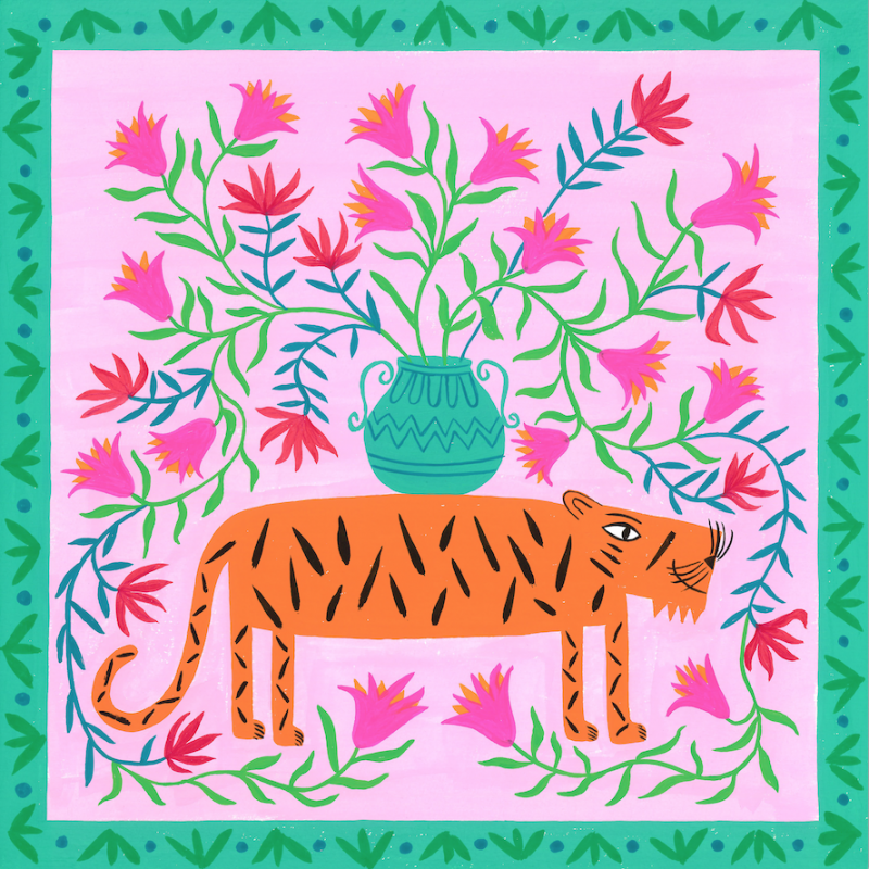 A bright colourful design of a tiger with a flowered background 