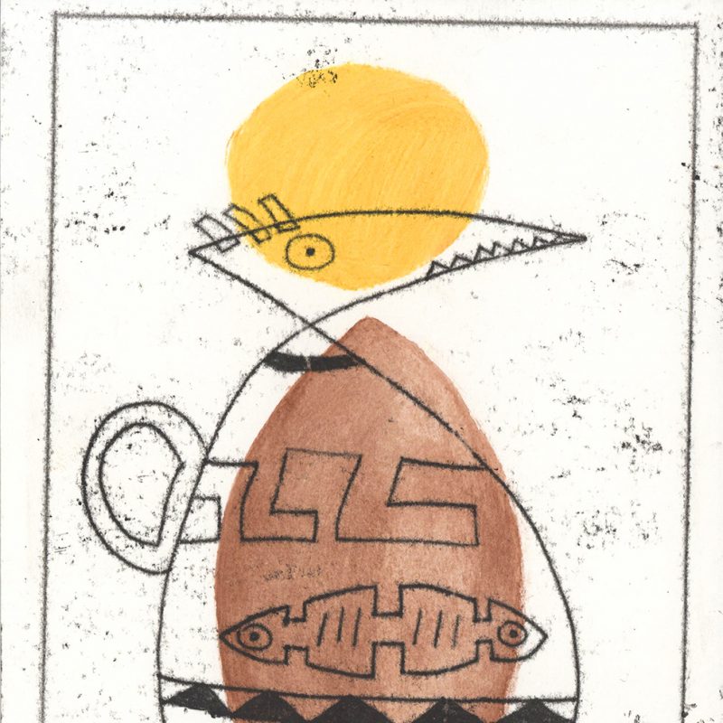 Bird with body of vase on yellow and brown shapes.