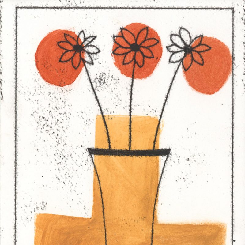 Flowers in high thin vase on orange and red shapes.