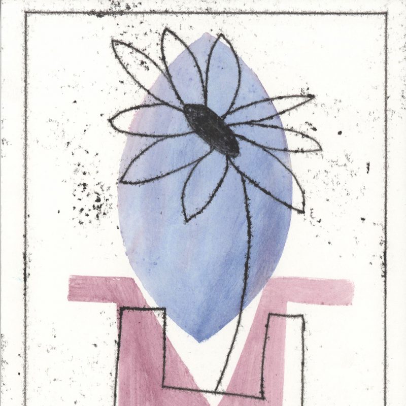 Flower in H shaped vase on blue and rose shapes.