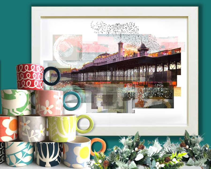 Print of palace pier with flower painted mugs in front