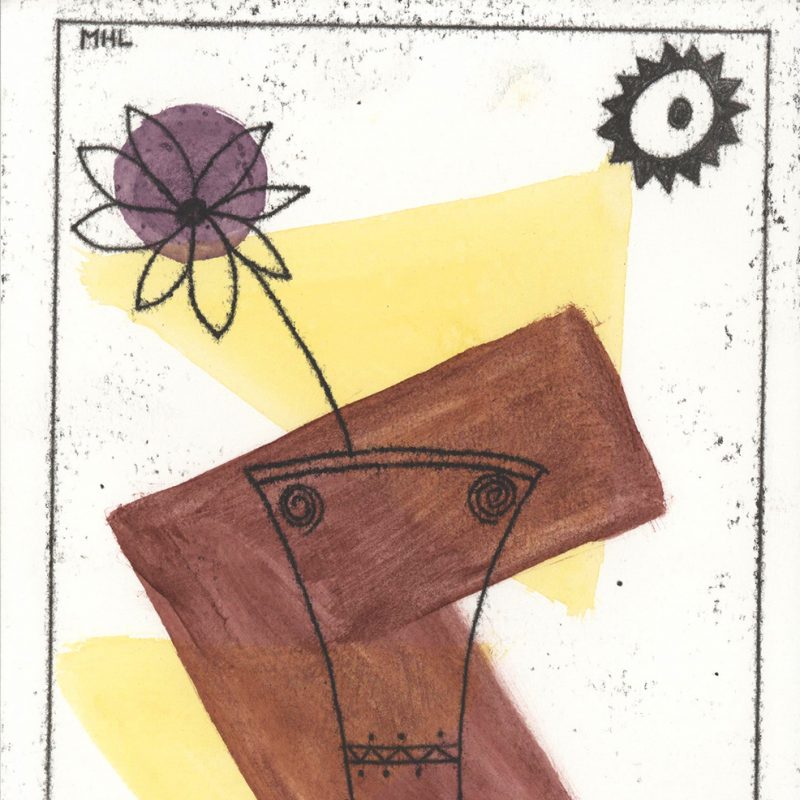 Flower in high thin vase on yellow and brown shapes.