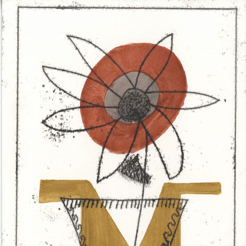 Flower in vase on ochre grey and red shapes. 