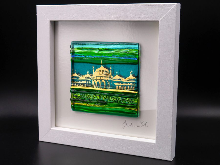 A textured Glass Tile in shades of green glass with an abstract image of the Royal Pavilion in shiny 22ct gold