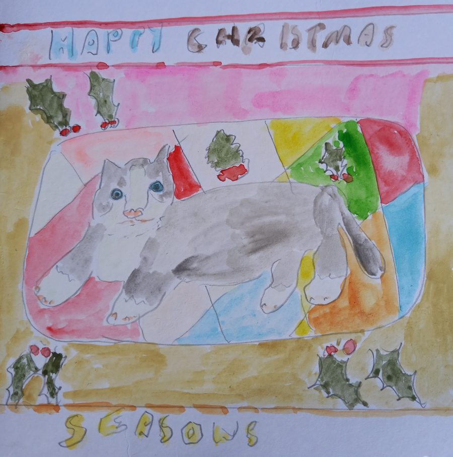 drawing and watercolour painting of a grey cat lying on a multi coloured rug with holly with 'Happy Christmas Season'