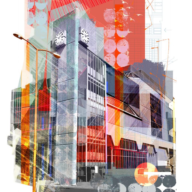 A digital collage drawing of Hove Town Hall with colourful abstract shapes layering over it