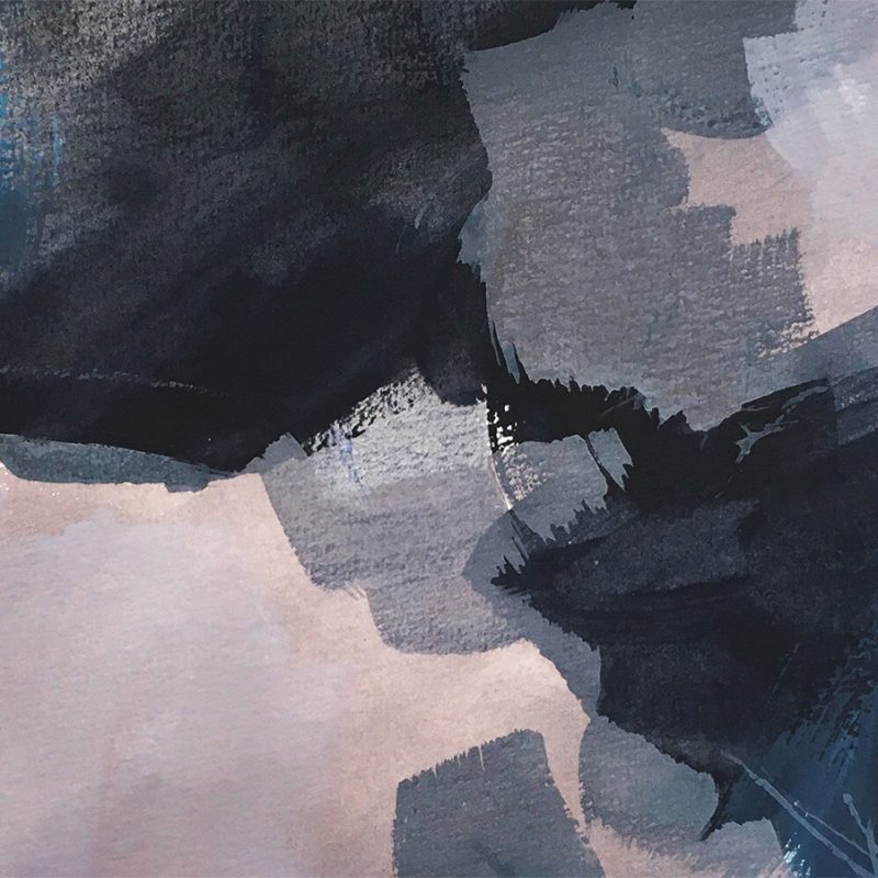 Oil paint on paper, abstract overlapping tones in dark blue, dark and light grey, light pastel pink