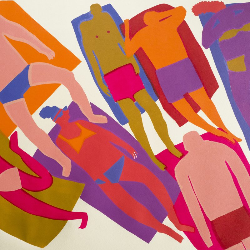 A colourful graphic linocut print of people sunbathing