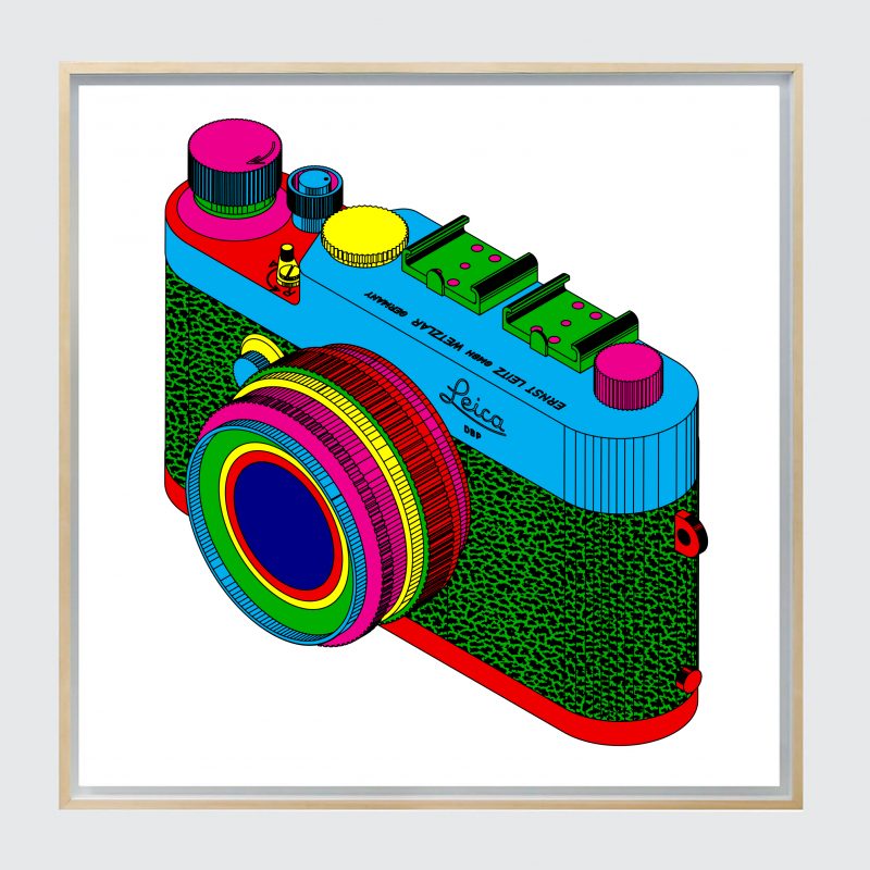 Isometric bright, graphic, pop art style screen printed Leica camera