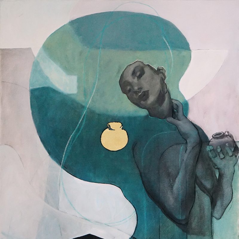 centre composition, a graphic representation of a little round pot in gold leaf. To the right, a female figure swoons over the gold pot, she holds a little grey one the same in her left hand, centre far right composition. The main shape in the image is a translucent blue-green, it makes the graphicised shape of her sweeping hair, and shape of her back and body. The backdrop is in off-white and pink regular curving shapes.