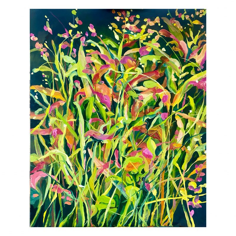 A oil on canvas in greens, yellows and pinks inspired by the wild plants of Sussex