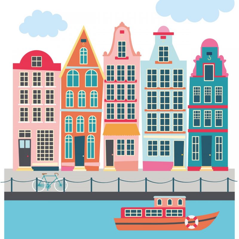An art deco print of Amsterdam architecture in soft muted and bright colours. Stylised illustration.