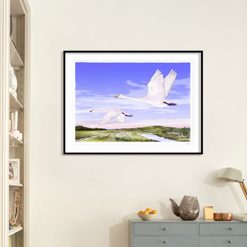 This Swan art print depicts the view from the River Cuckmere of two swans flying over the Litlington White Horse, a chalk hill figure on Hindover Hill in the South Downs.