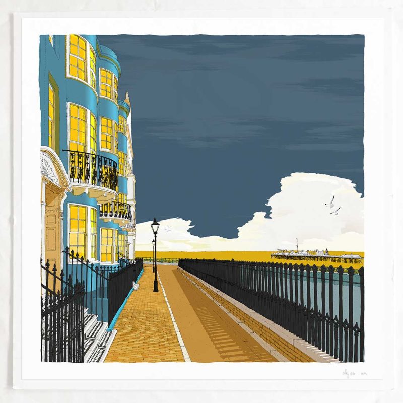 Architectural print of  New Steine Gardens in Brighton with the Palace Pier in the horizon over the sea. Part of my series of Seaside Architecture Gold and Blue prints