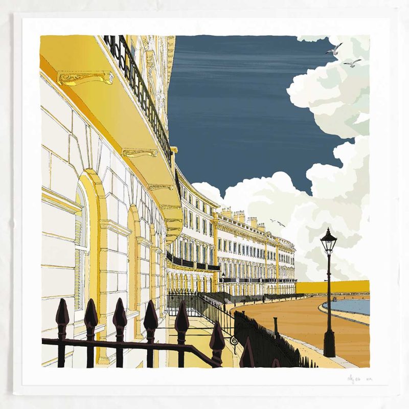 Architectural print of Adelaide Crescent in Brighton part of my Seaside Series of Architecture in Gold and Blue Hues
