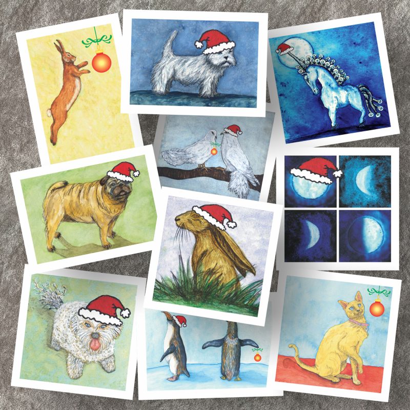 Colourful Christmas Cards of cheeky animal wearing Santa Hats and chasing baubles