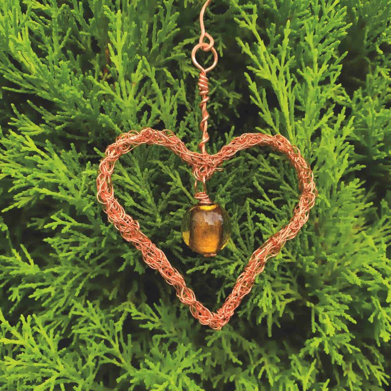 Striking Hand Crochet Copper Heart Hanging with Glass Drop