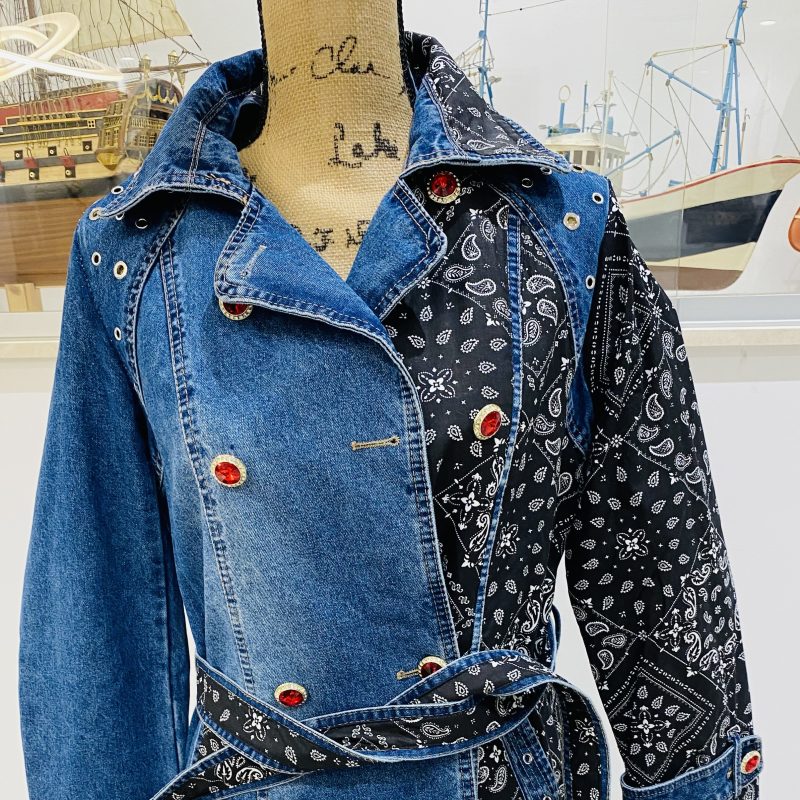 denim trenchcoat with embroidered rolling stones mouth