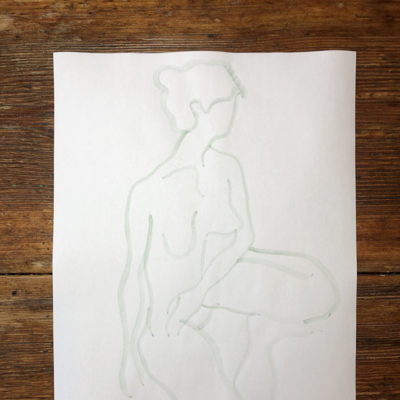 simple green watercolour line painting of a lady sitting