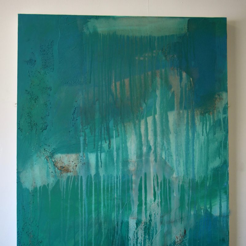 Abstract painting with layers of dripping greens looking like tears