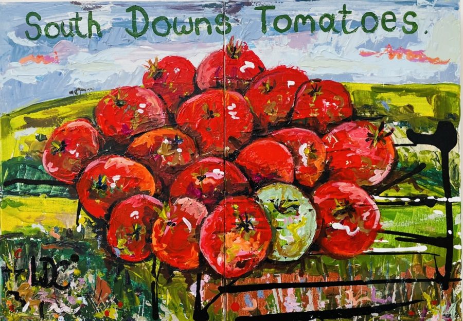 Brightly coloured, textured diptych of tomatoes grown by the artist in Ditchling, superimposed on a painting of the South Downs.
