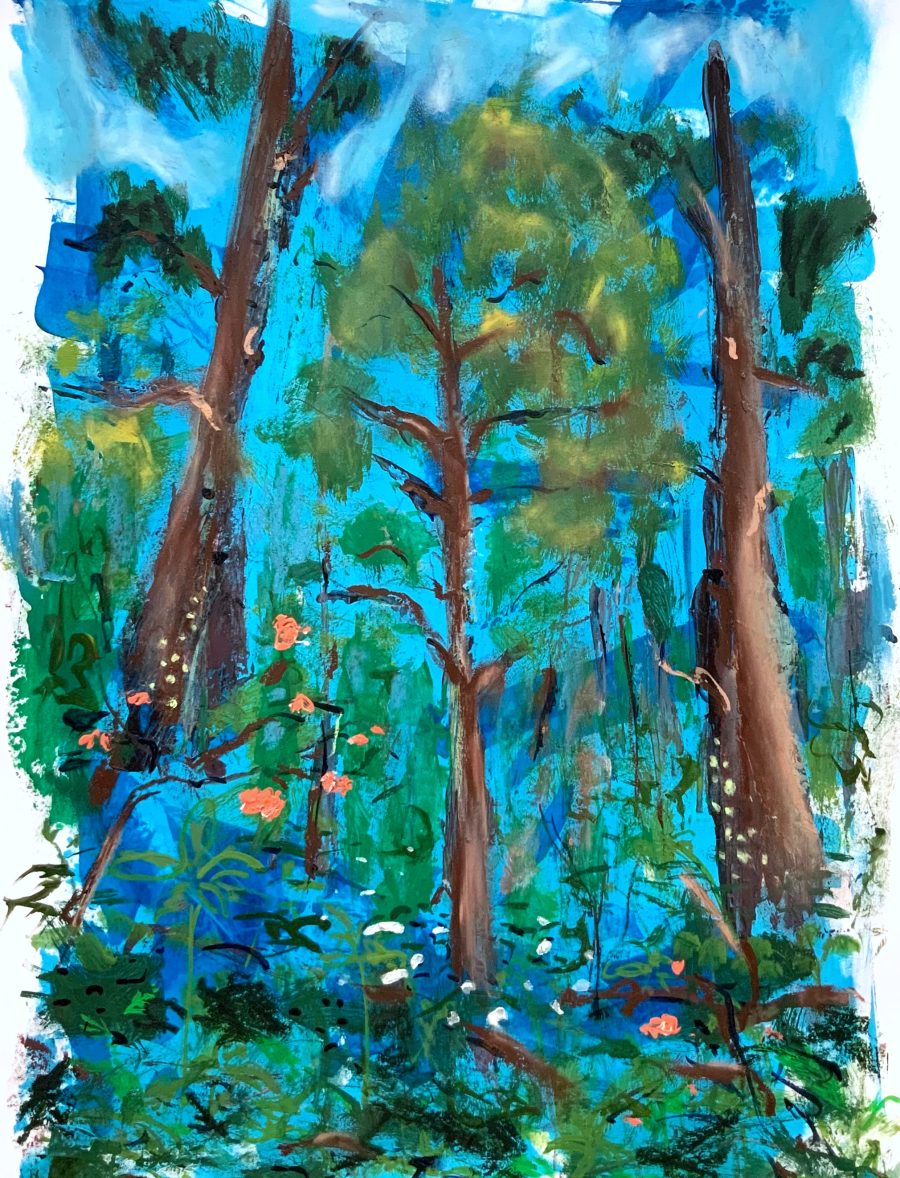 Expressive painting of a magical woodland with tall trees, wildflowers, and arresting blue skies. 