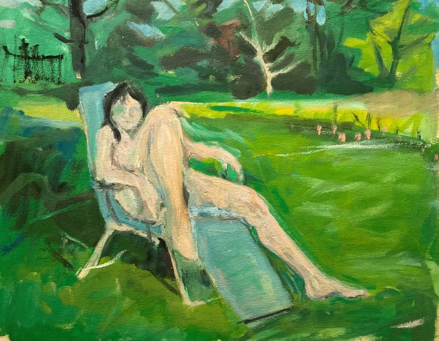 A nude sprawls on a recliner in a verdant garden