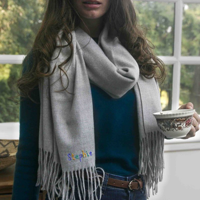Grey long wool scarf with hand embroidered colourful name