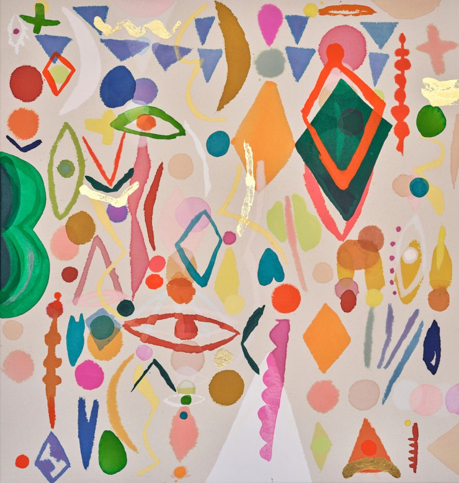 A colourful painting using vibrant colours of pink, yellow, red, orange, green and dark blue to create a confetti of playful shapes and lines.