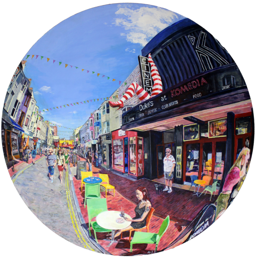 Fisheye view of Gardner St looking north from Komedia legs to GAK. Acrylic paint on circular canvas. 