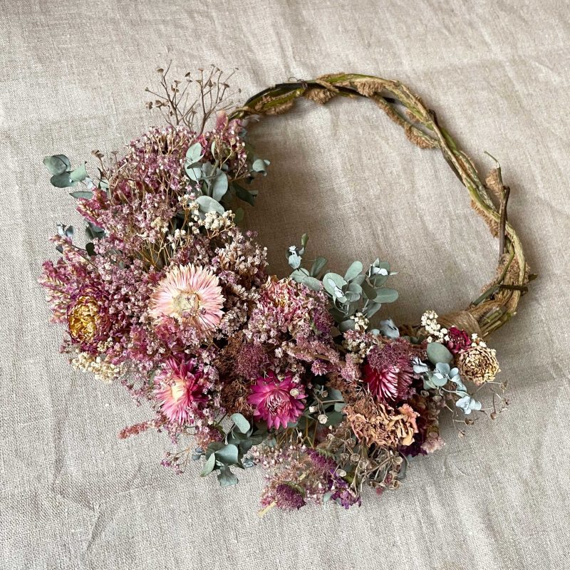 Pink, violet and green rustic dried flower wreath