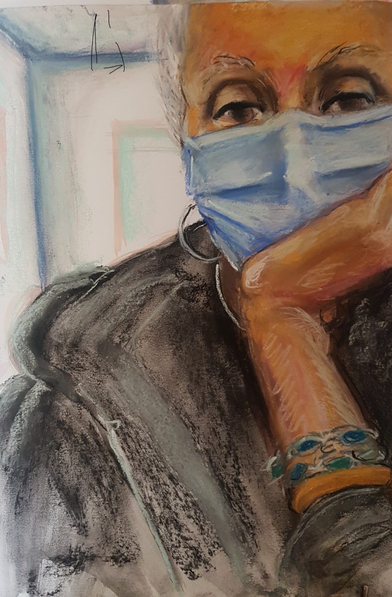 Self portrait with mask - drawing/pastels