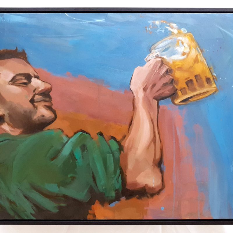 Oil painting of a man lifting a glass of beer while smiling