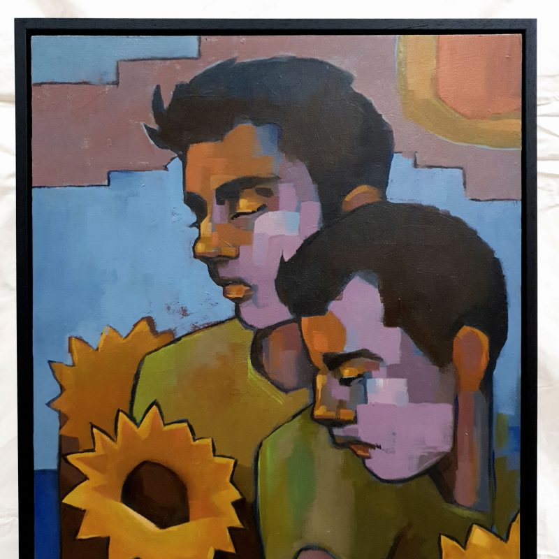 A colourful, somewhat abstract painting of two men quietly sitting beside each other above sunflowers
