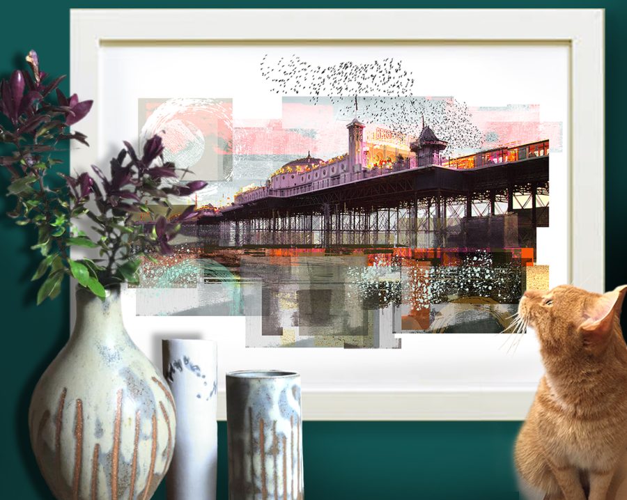 Print of Palace Pier and three vases with Percy the house cat