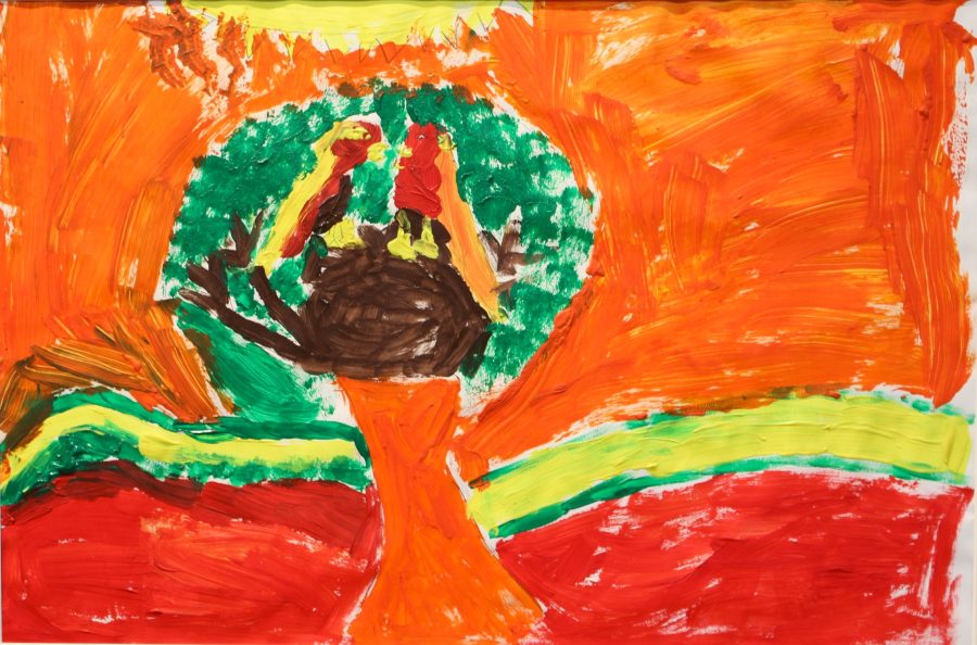 Bright coloured A3 size painting in acrylic paint. Central green leaved tree in landscape of orange sky, yellow sun, yellow strip on the horizon with red earth underneath