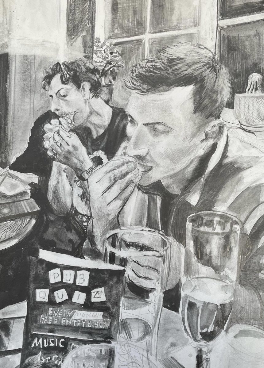 Two men eating pizza in a pub. It’s a close up of them one slightly in front of the other both putting pizza in their mouth. It’s a grey graphite drawing with lines and washes. 