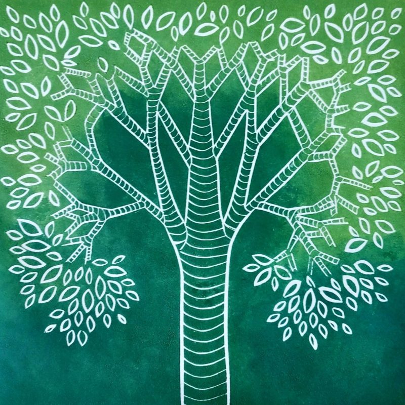 A linoprint in shades of green. Tree leaves fan out as though the tree of life.