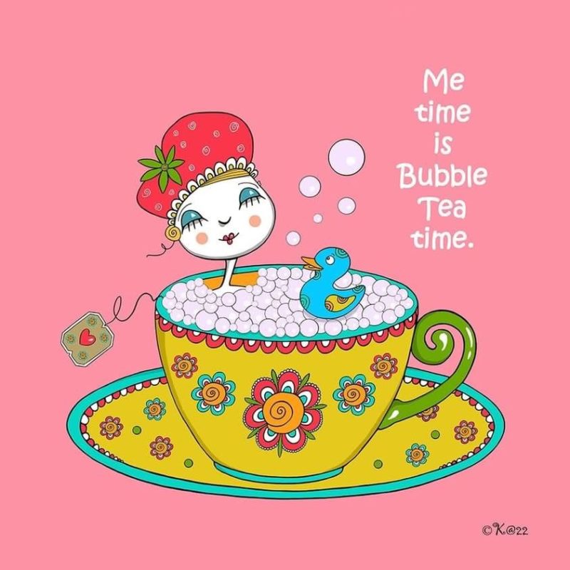 In yellow with floral pattern teacup sits cartoon girl in a tea bubble bath.