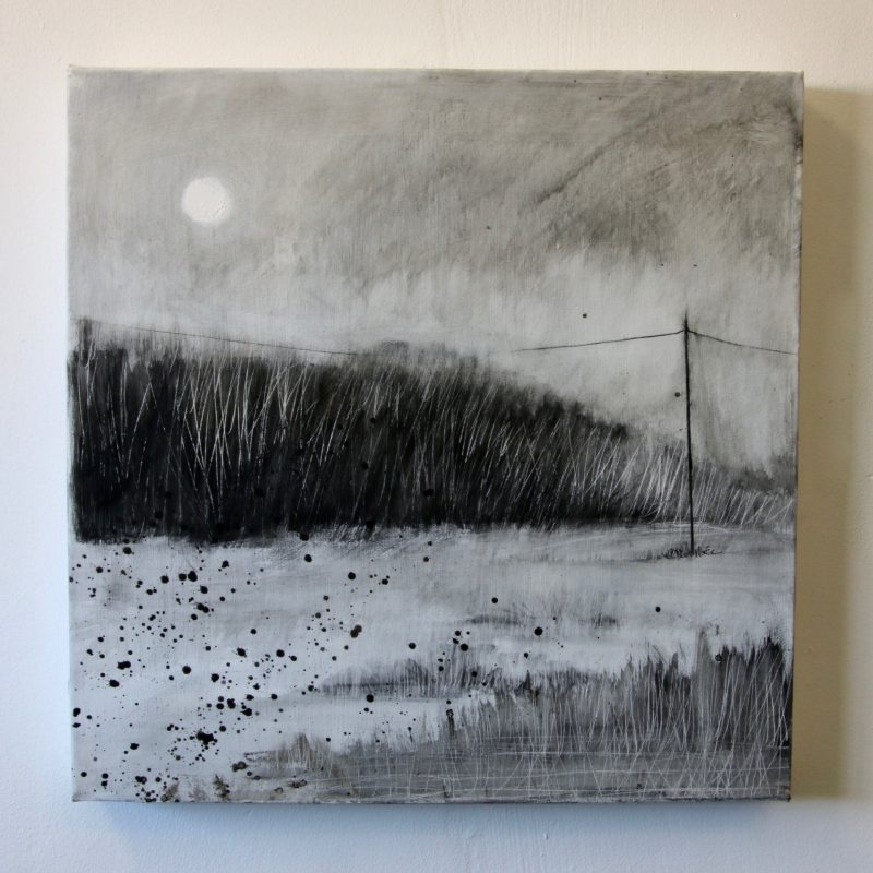 Monochrome painting of a simple landscape with a hazy sky