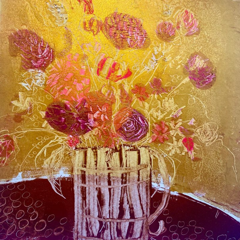 A monotype print of a vase of flowers 