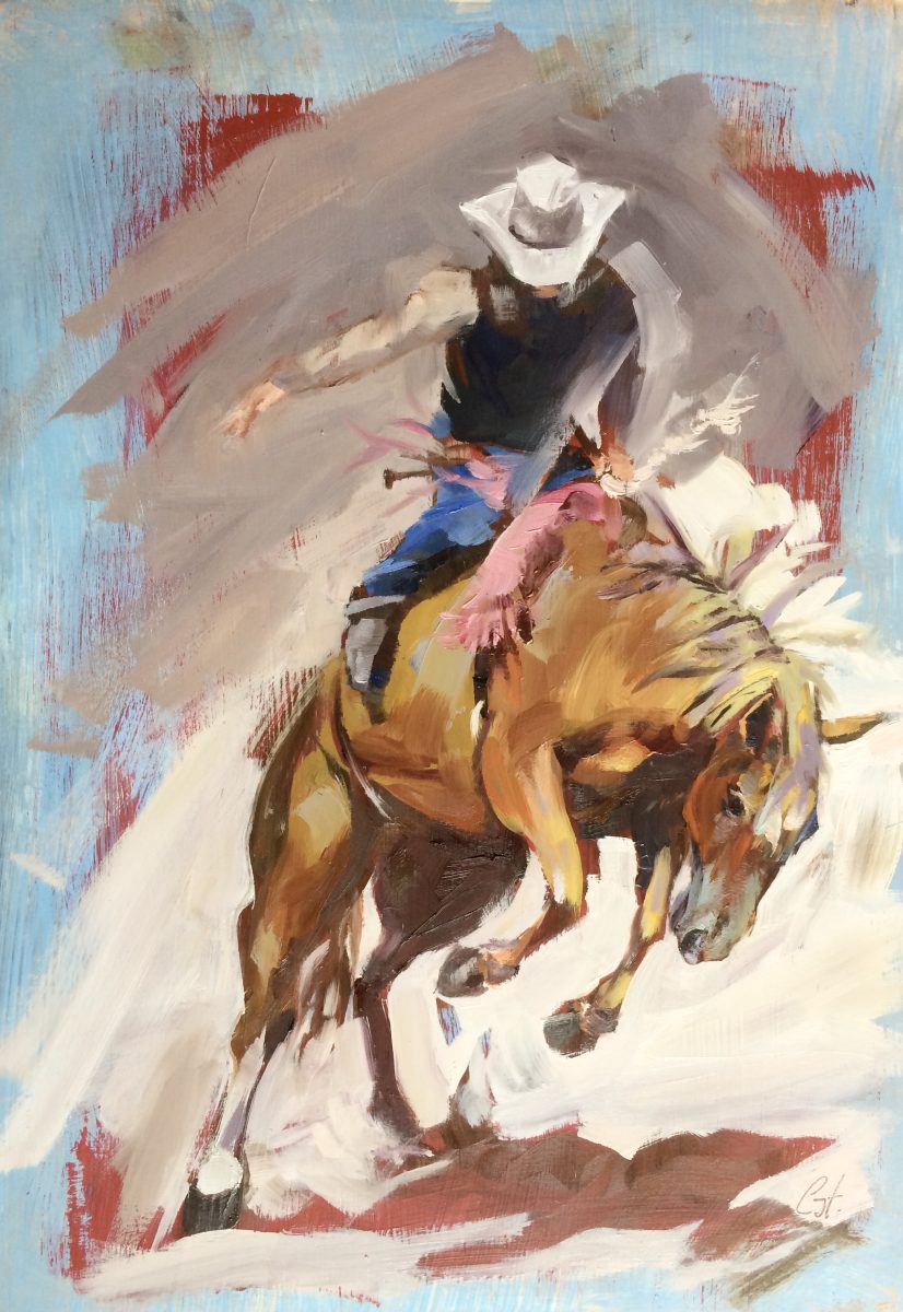 A rodeo rider on a bucking horse is rendered in loose, fast brush strokes, to help convey movement.