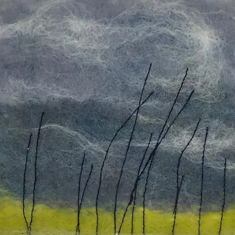 The yellow felted field is enhanced by grasses meeting the darkened Downs and grey skies.