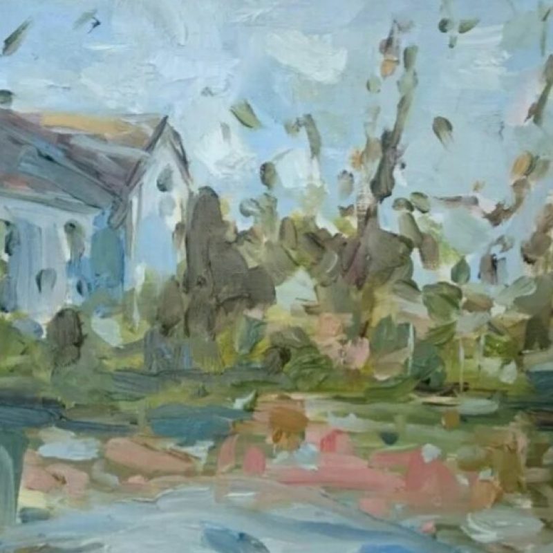 Hues of blues, greens and pinks. Created en plein air an impressionistic scene of cottage, trees and river water flowing by the cottage
