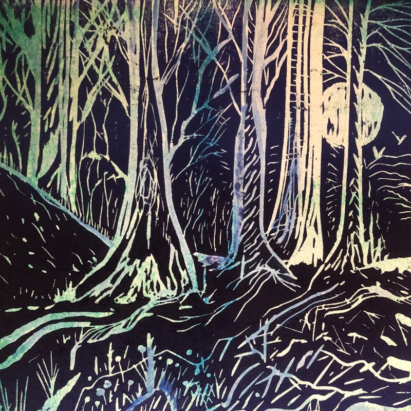 Woodrelief of woodland walk in blue hues. Work for charity. Carved by the group of artists and printed by Allison you can imagine smelling the beauty of the Wood, perhaps in bluebell time! 