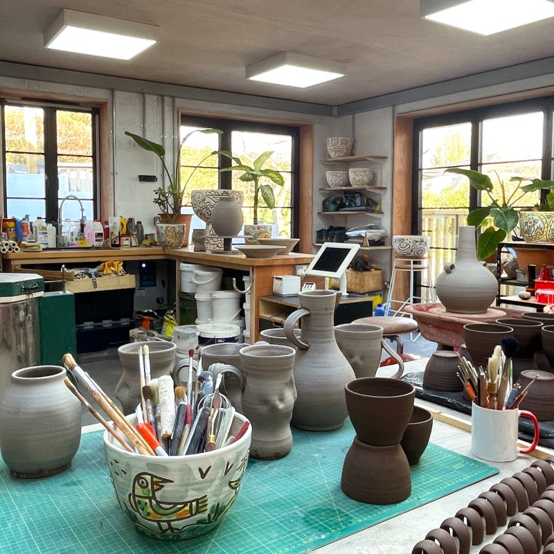 General view of workshop with pots in production.